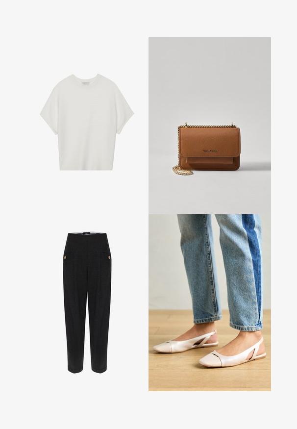 Witte T-shirt met korte mouwen, een brede ronde hals en een gestructureerd ribpatroon, gemaakt van zachte stof. Het shirt heeft een ontspannen pasvorm en een strakke uitstraling.; Zwarte op maat gemaakte broek van een gestructureerde stof, met zijzakken, gouden knoopdetails en een taps toelopende pasvorm.; Zachtroze slingback ballerina's met een spitse neus, gemaakt van een glad leerachtig materiaal. Bevat uitsnijdingen aan de zijkanten en heeft een platte hak.; Bruine lederen schoudertas met textuur, voorzien van een gouden kettingstrap en klepsluiting. De voorkant heeft een logo-detail en een zak onder de klep.