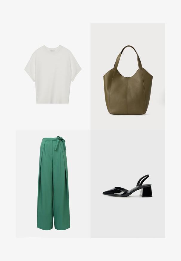 Valge lühikeste varrukatega T-särk laia ümaraha kaelusega ja tekstureeritud ribapatterniga, pehmest kangast, lõdva istuvuse ja puhta disainiga.; Rohelised laiade säärega püksid koos paelaga vöökohal, millel on voldid ja sile tekstuur. Disainitud lõdva istuvuse ja mitmekülgse stiili jaoks.; Mustad musta lakknahk kingad, millel on terav varvas ja geomeetriline plokkkonts. Omab elegantselt minimalistlikku disaini ja sujuvat tekstuuri.; Oliivroheline nahast kott kahe rihmaga, sileda tekstuuriga ja nelja paneeli disainiga. Õmblustel on tugevdus, et tagada vastupidavus.