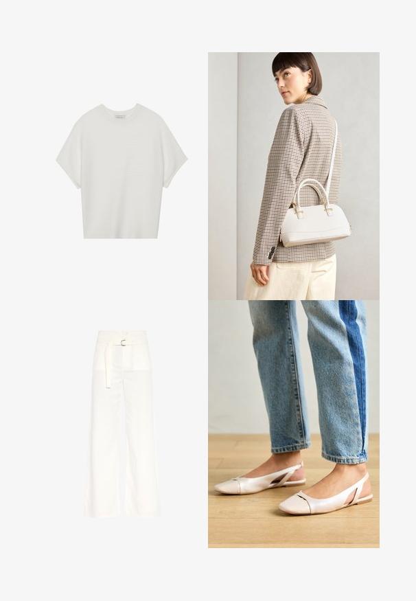 Hvid kortærmet t-shirt med en bred rund hals og struktureret ribbet mønster, lavet af blødt stof, med en afslappet pasform og et enkelt design.; Hvide, vide bukser lavet af bomuld. Har høj talje, et bælte med en sølvspænde og to forlommer med en glat tekstur.; Lyserøde slingback flade sko med spidse tær, lavet af et glat læderlignende materiale. Har udskæringsdetaljer på siderne og en flad hæl.; Hvid struktureret taske med korte håndtag og en skulderrem, prydet med guldfarvede hardwaredetaljer og tekstureret materiale, præsenteret mod en grå baggrund.