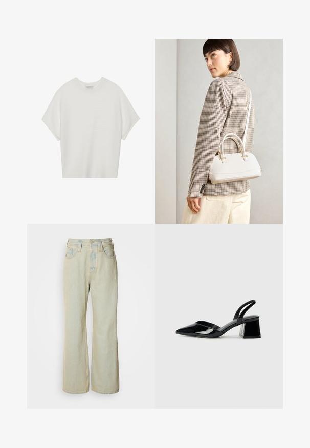 White short-sleeve t-shirt with a wide crew neck and textured ribbed pattern, made of soft fabric, featuring a relaxed fit and a clean design.; Light blue wide-leg jeans made of denim, featuring a high waist, five pockets, and subtle fading with contrasting stitching accents.; Black patent leather slingback heels with a pointed toe and a geometric block heel. Features a sleek, minimal design and smooth texture.; White structured handbag with short handles and a shoulder strap, featuring gold hardware accents and textured material, displayed against a grey background.; Gold-tone metal earring with a sleek, curved design. Features a distinctive pointed shape, polished surface, and hinge closure.