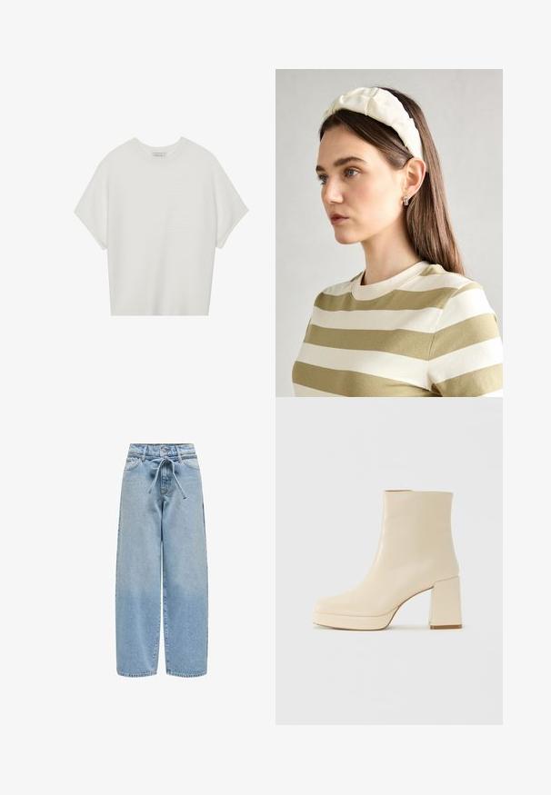 Hvit t-skjorte med korte ermer, bred rund hals og teksturert ribbet mønster, laget av myk stoff, med en avslappet passform og et enkelt design.; Lyseblå denim vide bukser med knyttet taljebånd, fem lommer og en lett slitt finish med små prikkete detaljer.; Beige lærankelstøvlett med blokkhæl og plattformsåle, glatt overflate og lett firkantet tå, vendt mot venstre på hvit bakgrunn.; Kremfarget polstret hodebånd med tvunnet design, kombinert med en beige og hvit stripete skjorte med rund halsutskjæring. Subtile smykker som aksenter.