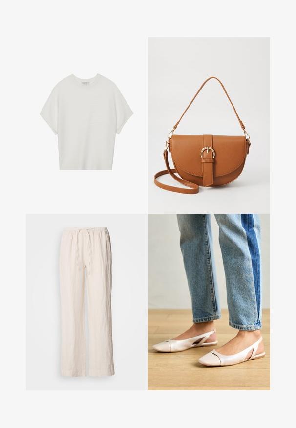 White short-sleeve t-shirt with a wide crew neck and textured ribbed pattern, made of soft fabric, featuring a relaxed fit and a clean design.; Linen, light beige wide-leg pants with an elastic waistband and drawstring detail. Features a textured, slightly wrinkled surface.; Pale pink slingback flats with a pointed toe, made from a smooth leather-like material. Features cut-out details at the sides and a flat heel.; Brown leather crossbody bag with a curved shape, gold hardware, and a buckle accent. Features a detachable shoulder strap.