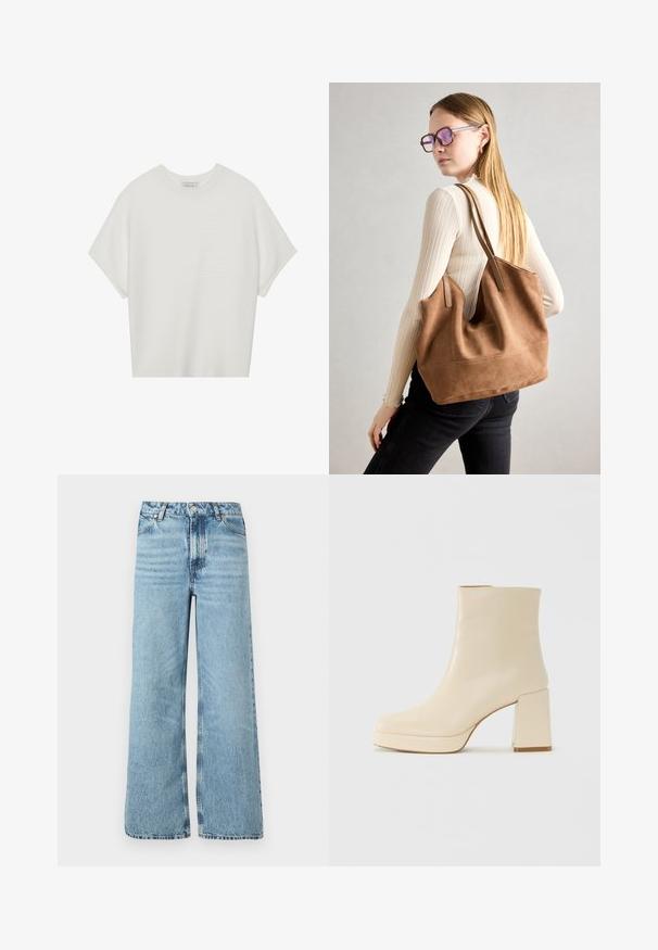Camiseta blanca de manga corta con cuello redondo amplio y patrón acanalado texturizado, hecha de una tela suave, con un corte relajado y un diseño limpio.; Jeans de mezclilla de pierna ancha en un tono azul claro, con una cintura alta, diseño de cinco bolsillos y costuras de contraste a lo largo de las costuras.; Botín de cuero beige hasta el tobillo con tacón bloque y suela de plataforma, de acabado liso y puntera ligeramente cuadrada, mirando a la izquierda sobre fondo blanco.; Bolso de tote de ante marrón con textura suave, gran abertura y asas largas. Presenta un diseño sencillo con costuras visibles y sin herrajes.