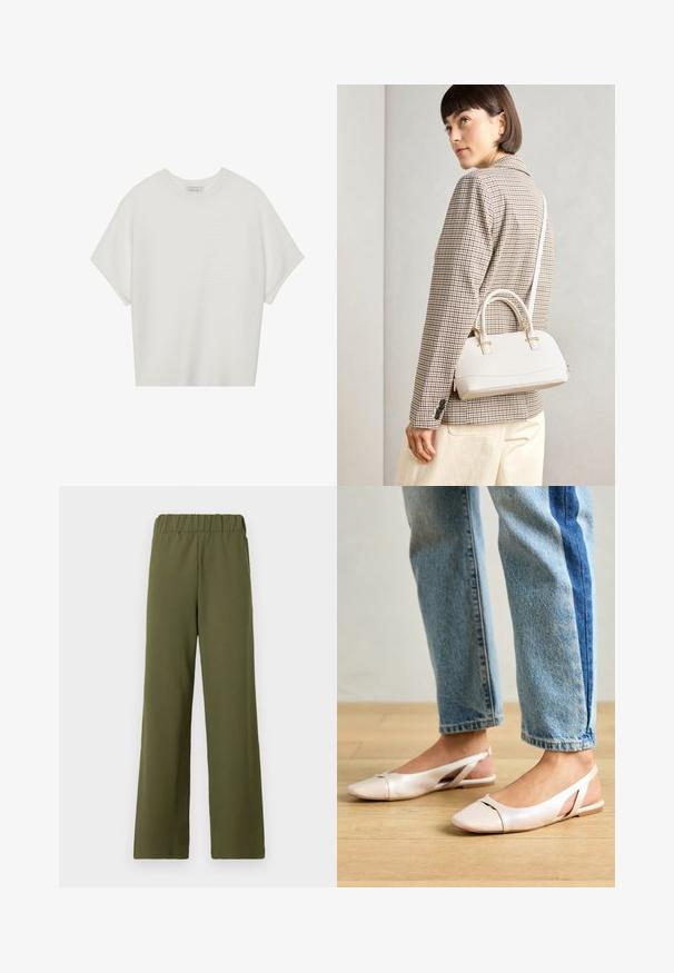 Tricou alb cu mânecă scurtă, cu guler larg și model texturat cu dungi, realizat dintr-un material moale, având o croială lejeră și un design curat.; TOM TAILOR DENIM PLEATED PANTS - Pantaloni - grape leaf green; Sandalete plate de un roz pal cu vârf ascuțit, realizate dintr-un material asemănător pielii, neted. Prezintă detalii decupate pe laterale și un toc plat.; Geantă structurată albă, cu mânere scurte și curea de umăr, având accente din metal aurit și material texturat, expusă pe un fundal gri.
