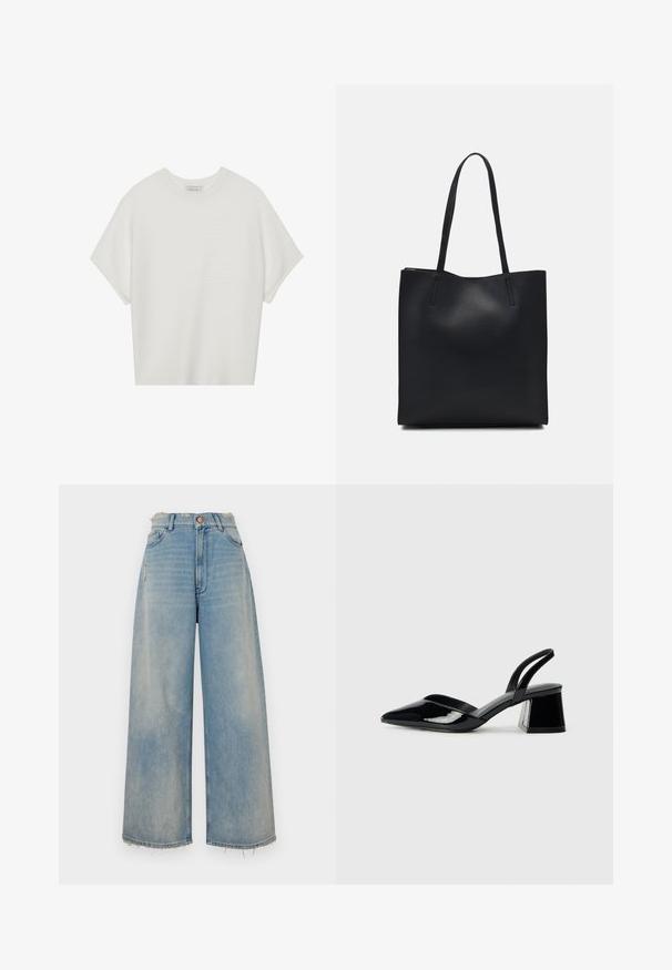 Balta trumpa rankovėmis marškinėliai su plačiu apykakle ir tekstūruotu gumbelių raštu, pagaminti iš minkštos medžiagos, pasižymintys laisvu siluetu ir tvarkingu dizainu.; Šviesiai mėlynos džinsinės plačios kojos kelnės su nusidėvėjusiu kraštu, penkiomis kišenėmis ir mygtuko užsegimu. Priekyje yra lengvas nusidėvėjimas.; Juodos lakuotos odinės šlepetės su smailiu pirštu ir geometriniu bloko kulnu. Turi elegantišką, minimalistinį dizainą ir lygų paviršių.; Juodas odinis tote krepšys su lygia tekstūra, stačiakampio formos ir dviem ilgais rankenomis. Matomų metalinių detalių ar puošybos nėra.