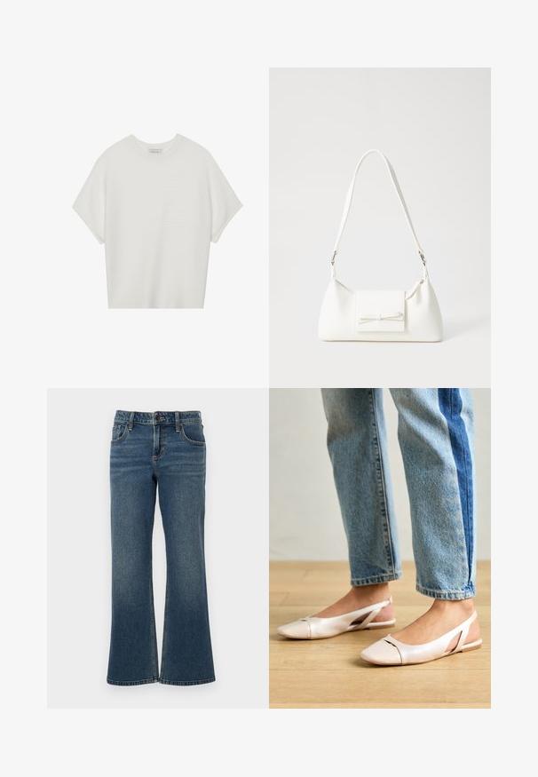 Hvit t-skjorte med korte ermer, bred rund hals og teksturert ribbet mønster, laget av myk stoff, med en avslappet passform og et enkelt design.; Mørkeblå denim flared jeans med høy midje, fem lommer og kontrasterende sømmer. Stoffet har en glatt, litt falmet tekstur.; Lys rosa slingback leiligheter med spiss tå, laget av et glatt, læraktig materiale. Har utskjæringer på sidene og lav hæl.; Hvit syntetisk håndveske med trekantet form, flat klaff foran og sløyfe detaljer, justerbar stropp, glatt tekstur og minimalistisk design.