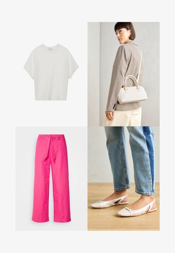 Fehér, rövid ujjú póló széles kerek nyakkivágással és textúrázott, bordás mintával, puha anyagból készült, laza fazonú és letisztult dizájnú.; Rózsaszín len széles szárú nadrág, megkötő derékkal, textúrált felszíni kialakítással és fém díszítésekkel a deréknál.; Világos rózsaszín slingback laposlábú cipők, hegyes orral, sima bőrhatású anyagból készült. Oldalt kivágott részletek találhatók rajta, valamint lapos sarkú.; Fehér, strukturált kézitáska rövid füllel és vállpánttal, arany színű fém kiegészítőkkel és texturált anyagból, szürke háttér előtt bemutatva.