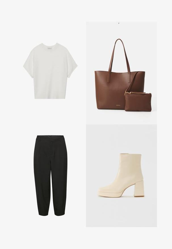 Weißes T-Shirt mit kurzen Ärmeln, weitem Rundhalsausschnitt und strukturiertem Rippenmuster, aus weichem Stoff, mit legerer Passform und einem klaren Design.; Schwarze, maßgeschneiderte Hose mit hoher Taille, Falten-Details und zulaufenden Beinen, aus einem glatten, leichten Stoff gefertigt.; Beige Leder-Stiefelette mit Blockabsatz und Plateau-Sohle, glatte Oberfläche und leicht quadratische Zehenpartie, nach links auf weißem Hintergrund.; Braune Handtasche aus Kunstleder mit zwei langen Griffen und einem passenden kleinen Beutel. Die Oberfläche weist ein strukturiertes Muster und goldene Hardware-Akzente auf.
