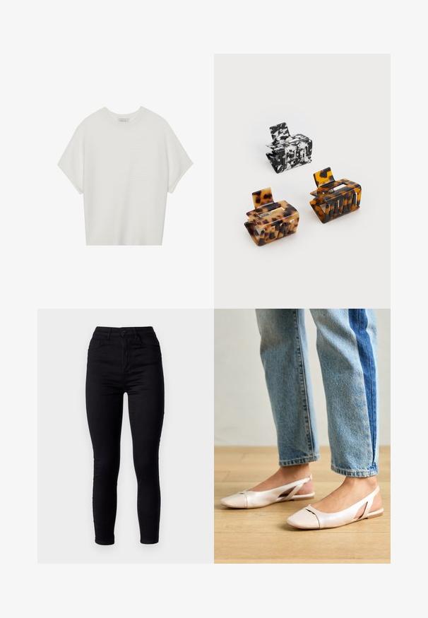 Bijela majica kratkih rukava s širokim okruglim izrezom i teksturiranim rebrastim uzorkom, izrađena od mekog materijala, s opuštenim krojem i čistim dizajnom.; Crne uske traperice visokog struka, izrađene od rastezljivog denima. Imaju prednje kopčanje na gumbe i dva stražnja džepa. Glatka tekstura.; Svijetlo ružičaste slingback balerinke s šiljastim vrhom, izrađene od glatkog materijala nalik koži. Sadrže izrezane detalje sa strane i ravnu petu.; Tri čašice za kosu: jedna crno-bijela mramorna, dvije žirafe u smeškim i crnim nijansama, sve izrađene od sjajnog plastike s teksturiranom završnom obradom.