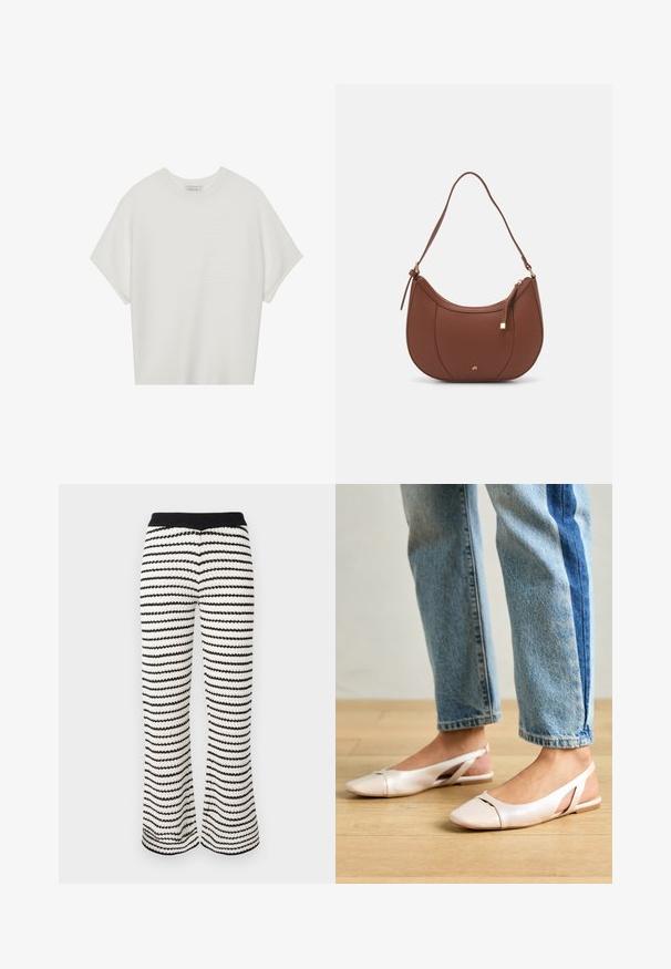 Balta īsā piedurknē T-krekls ar plašu apļa kaklu un teksturētu ribu rakstu, izgatavots no mīksta auduma, ar brīvu piegriezumu un tīru dizainu.; Melnas un baltas svītrainas adītas bikses ar platām kājām. Tām ir ribots jostasvērums un faktūru audums ar viļņotu rakstu visā virsmā.; Bālti rozā siksniņu dzīvokļi ar smailu purngalu, izgatavoti no gludas ādas līdzīgās materiāla. Iezīmē izgriezumu detaļas sānos un platu papēdi.; Brūns mākslīgās ādas pleca soma ar izliekta forma, minimāls šuvums un zelta toņa aparatūras akcenti. Aprīkota ar augšējo rāvējslēdzēju un regulējamu siksnu.