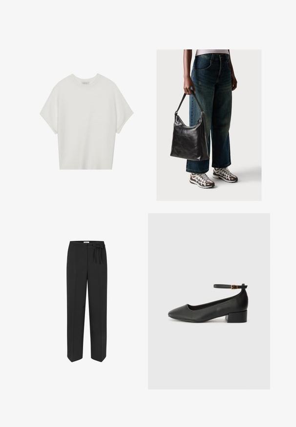 White short-sleeve t-shirt with a wide crew neck and textured ribbed pattern, made of soft fabric, featuring a relaxed fit and a clean design.; Black, high-waisted trousers with a tie belt detail. Made from smooth fabric, featuring a straight-leg design and two front pockets.; Black leather pump with a pointed toe and a low block heel. Features an ankle strap with a gold-tone buckle. Smooth texture.; Black leather shoulder bag with a smooth texture and adjustable strap, paired with faded wide-leg jeans and athletic sneakers.
