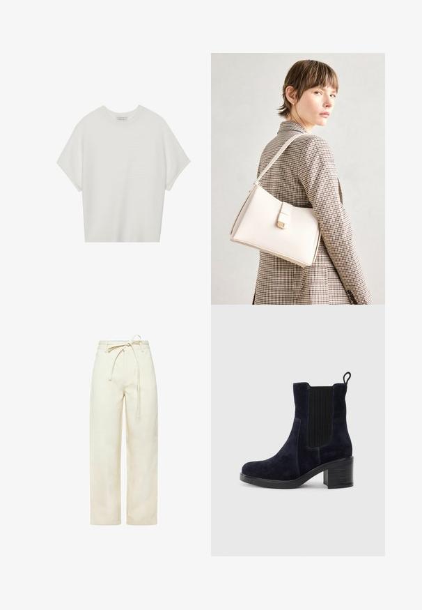 White short-sleeve t-shirt with a wide crew neck and textured ribbed pattern, made of soft fabric, featuring a relaxed fit and a clean design.; Cream-colored wide-leg pants with a drawstring waistband, two side pockets, and a soft, textured fabric.; Navy blue suede ankle boot with elastic side panel, rounded toe, and block heel. Textured fabric and smooth sole add contrast.; White leather handbag with a structured design, featuring a magnetic clasp and a shoulder strap, showcased against a neutral background.