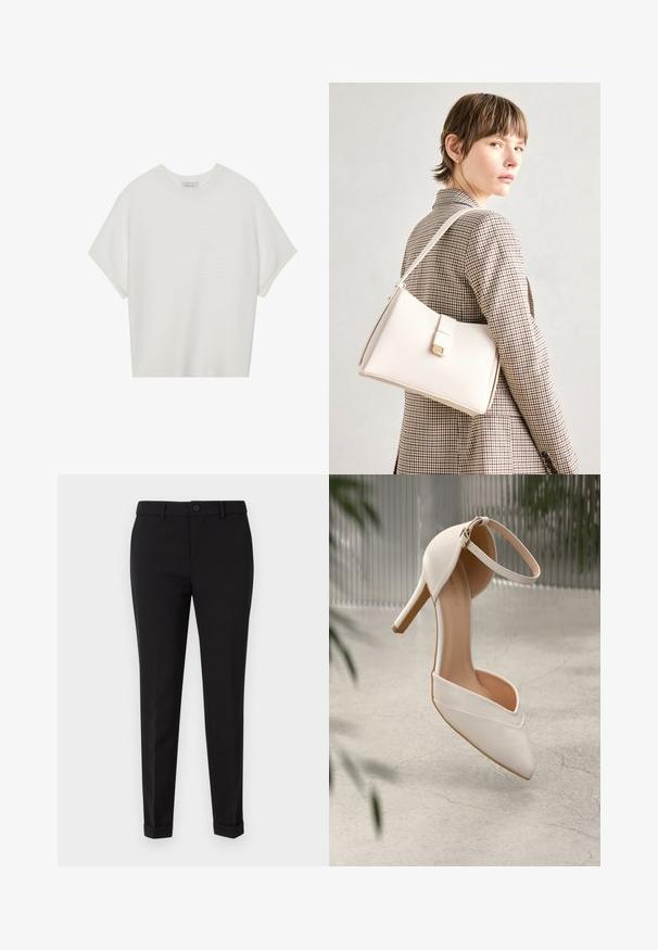 Balta trumpa rankovėmis marškinėliai su plačiu apykakle ir tekstūruotu gumbelių raštu, pagaminti iš minkštos medžiagos, pasižymintys laisvu siluetu ir tvarkingu dizainu.; Juodos pritaikytos kelnės, pagamintos iš lygaus audinio, su plokščiu priekiu, šoninėmis kišenėmis ir suknežtomis kelnių apačiomis, suteikiančiomis struktūruotą išvaizdą.; Balti aukštakulniai bateliai iš lygios medžiagos su smailiu pirštu ir kulkšnies dirželiu. Yra šviesiai rudos spalvos vidus ir auksinės spalvos detalės.; Balto odos rankinė su struktūrizuotu dizainu, turinti magnetinį užsegimą ir petnešą, demonstruojama prieš neutralią foną.