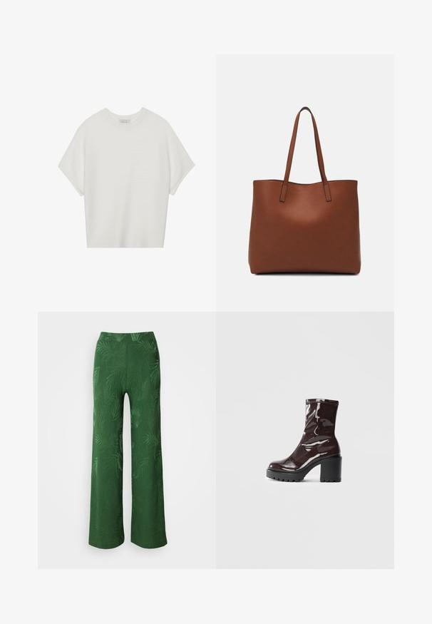 Valkoinen lyhythihainen t-paita, jossa on leveä pyöreä kaula-aukko ja teksturoitu ribbikuvio, valmistettu pehmeästä kankaasta, rento malli ja siisti muotoilu.; Anna Field Housut - green; Satea bordeaux berwarna mengkilap dengan tumit hitam tebal, menampilkan tekstur halus dan desain sederhana. Tanpa pengikat atau pola yang terlihat.; Ruskea nahkainen olkalaukku, jossa on sileä pinta, avoin yläosa ja kaksi olkahihnaa. Omaavat vain minimaalisen ompelun eikä näkyvää metalliosaa.