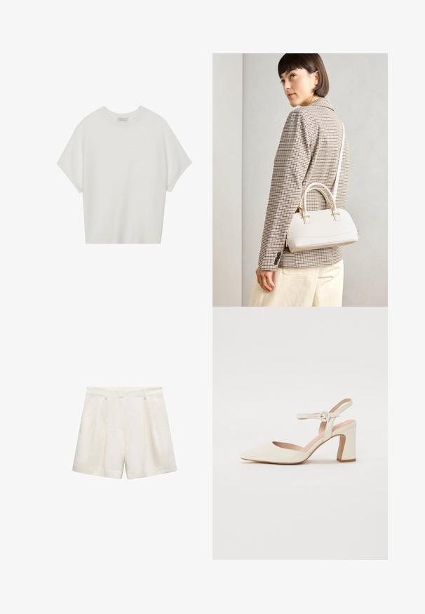 Biela tričko s krátkym rukávom a širokým okrúhlym výstrihom, s textúrovaným rebrovaným vzorom, vyrobené z mäkkej látky, s uvoľneným strihom a čistým dizajnom.; Biele kraťasy vyrobené z hladkej tkaniny, s plisovaným dizajnom, bočnými vreckami a lemom, ktorý končí tesne nad kolenom.; Členkové lodičky v krémovej farbe s podpätkom v tvare bloku. Majú tenký remienok okolo členka s okrúhlou prackou a hladkú koženú textúru.; Biela štruktúrovaná kabelka s krátkymi rúčkami a ramenným popruhom, s zlatými kovovými prvkami a textúrovaným materiálom, vystavená na šedom pozadí.