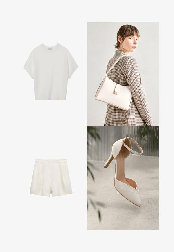 Hvid kortærmet t-shirt med en bred rund hals og struktureret ribbet mønster, lavet af blødt stof, med en afslappet pasform og et enkelt design.; Hvide shorts lavet af et glat stof, med en plisseret design, sidelommer, og en kant der falder lige over knæet.; Hvid højhælet sko i glat materiale med spids tå og ankelrem. Har et lyst tan interiør og hardware i guldtonet accent.; Hvid læder håndtaske med en struktureret design, der har en magnetlukning og en skulderrem, præsenteret mod en neutral baggrund.