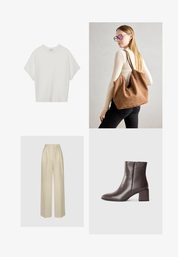 Witte T-shirt met korte mouwen, een brede ronde hals en een gestructureerd ribpatroon, gemaakt van zachte stof. Het shirt heeft een ontspannen pasvorm en een strakke uitstraling.; ANDIATA GYTTA - Broek - champagne; Bruine leren enkelboot met een elegant ontwerp, spitse neus en vierkante blokhak. Gladde textuur en minimalistische silhouet.; Bruine suède totebag met zachte textuur, grote opening en lange hengsels. Het heeft een eenvoudig ontwerp met zichtbare stiksels en geen hardware.