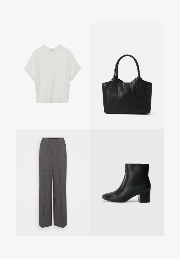 Camiseta branca de mangas curtas com um decote careca largo e um padrão texturizado canelado, feita de tecido suave, com um corte relaxado e um design limpo.; Calças largas cinzentas com uma cintura elástica, apresentando um tecido texturizado e um padrão subtil. Sem bolsos ou fechos visíveis.; Botas de tornozelo em pele preta com bico pontiagudo e um salto robusto. Textura suave com acentos mínimos e um design ajustado e elegante.; Bolsa tote de couro preta com textura suave, forma estruturada, duas alças e um destaque prateado proeminente na parte da frente.