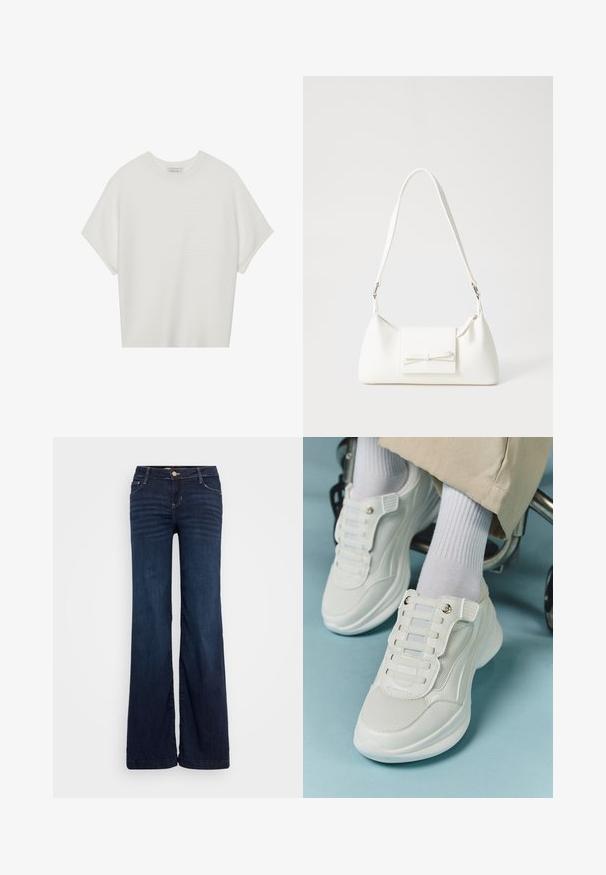 Witte T-shirt met korte mouwen, een brede ronde hals en een gestructureerd ribpatroon, gemaakt van zachte stof. Het shirt heeft een ontspannen pasvorm en een strakke uitstraling.; Guess PALAZZO - Wide leg - jasper wash; Witte sneakers met een mesh materiaal, rubberen zool, vetersloze uitvoering met elastische banden en gouden accenten.; Witte synthetische handtas met een driehoekige vorm, platte voorklep en strikdetail, verstelbare schouderriem, gladde textuur en minimalistisch ontwerp.