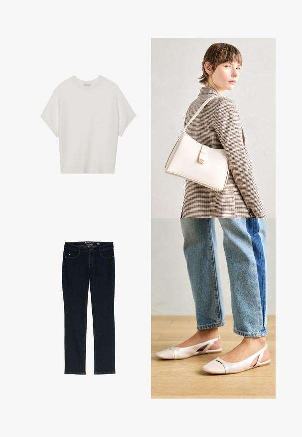 T-shirt bianca a maniche corte con scollo rotondo ampio e texture a coste, realizzata in tessuto morbido, caratterizzata da una vestibilità rilassata e un design pulito.; Jeans dritti di colore blu scuro realizzati in denim. Presentano cinque tasche, cuciture arancioni in contrasto e un'etichetta in vita con il nome del marchio.; Ballerine slingback rosa pallido con punta affusolata, realizzate in un materiale simile alla pelle liscio. Presentano dettagli a taglio sui lati e un tacco piatto.; Borsa a mano in pelle bianca con un design strutturato, presente di un clasp magnetico e una tracolla, esposta su uno sfondo neutro.