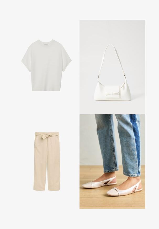 Valge lühikeste varrukatega T-särk laia ümaraha kaelusega ja tekstureeritud ribapatterniga, pehmest kangast, lõdva istuvuse ja puhta disainiga.; Bežid laiud püksid tekstureeritud vööga, millel on kaks küljetaskut ja puhas ääre. Valmistatud kerge kangaga mugavuse tagamiseks.; Kahvatu roosa slingback lapikute jalatsite paar, millel on terav varvas, valmistatud siledast nahataolisest materjalist. Omab külgedel lõikekohti ja lapikut kontsa.; Valge sünteetilisest materjalist kott kolmnurkse kujuga, lame esiklapiga ja kaaredetailiga, reguleeritava rihmaga, sileda tekstuuriga ja minimalistliku disainiga.