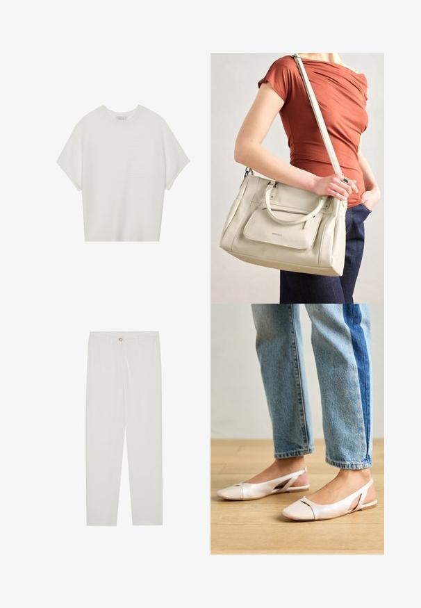 Bílý krátký rukáv tričko s širokým kulatým výstřihem a texturovaným žebrovaným vzorem, vyrobené z měkké látky, s uvolněným střihem a čistým designem.; Bílé kalhoty na míru s rovnými nohavicemi, se zapínáním na knoflík, poutky na opasek a bočními kapsami; hladká struktura látky.; Světle růžové slingback baleríny s špičatou špičkou, vyrobené z hladkého koženému materiálu. Obsahují vystřihovací detaily po stranách a plochý podpatek.; Bílá kožená kabelka s dvojitými uchy a odnímatelným popruhem, která má přední zipovou kapsu a hladký povrch. Nese se na paži osoby.