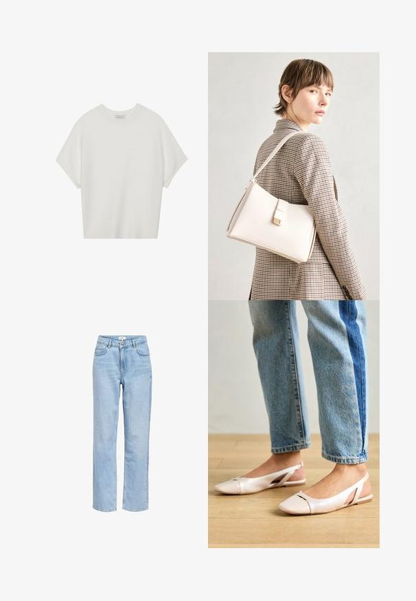 Camiseta blanca de manga corta con cuello redondo amplio y patrón acanalado texturizado, hecha de una tela suave, con un corte relajado y un diseño limpio.; Jeans rectos de color azul claro hechos de denim, con una cintura alta, diseño de cinco bolsillos y detalles de costura mínimos.; Bailarinas de color rosa pálido con tiras traseras y punta puntiaguda, fabricadas con un material similar al cuero suave. Presentan detalles recortados en los laterales y un tacón plano.; Bolso de mano de cuero blanco con un diseño estructurado, que presenta un cierre magnético y una correa para el hombro, exhibido sobre un fondo neutro.