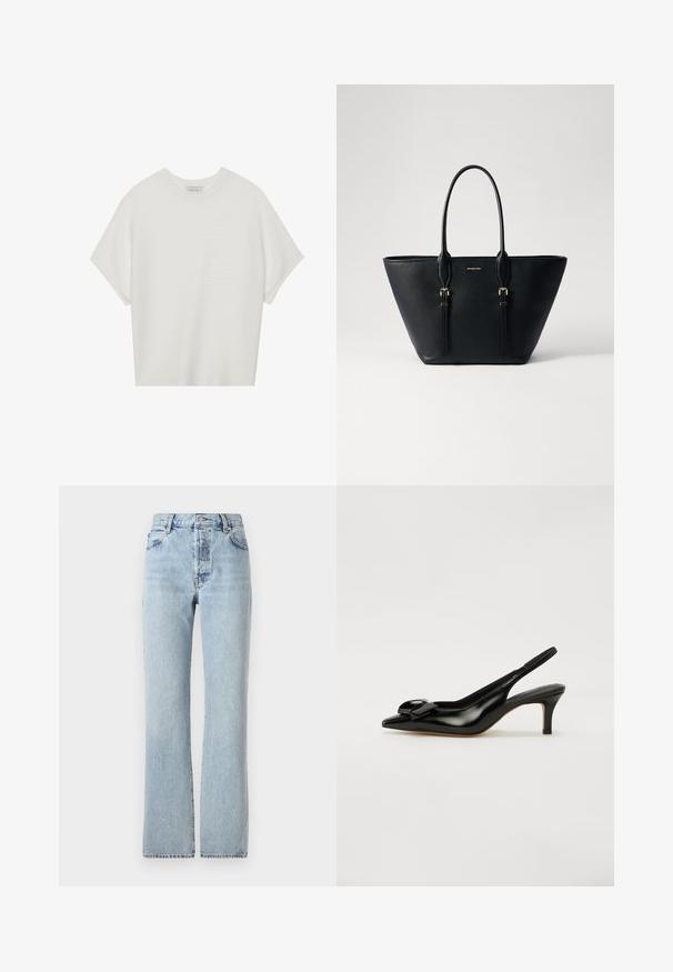 Balta trumpa rankovėmis marškinėliai su plačiu apykakle ir tekstūruotu gumbelių raštu, pagaminti iš minkštos medžiagos, pasižymintys laisvu siluetu ir tvarkingu dizainu.; Šviesiai mėlynos džinsinės kelnės su aukštu liemeniu, tiesiomis kojomis, klasikiniu penkių kišenių dizainu ir subtiliu nusidėvėjimu visame paviršiuje.; Juodas patentuotas odinis slingback tipo batas su smailiu pirštu, mažai pakulne ir išryškinta lanku ant priekinės dalies. Lygus paviršius ir šiuolaikiškas dizainas.; Juodos odos rankinė su tekstūruoto paviršiaus, pailga forma, dviem rankenomis ir auksinės spalvos detalių akcentais.