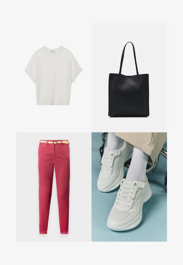 Biela tričko s krátkym rukávom a širokým okrúhlym výstrihom, s textúrovaným rebrovaným vzorom, vyrobené z mäkkej látky, s uvoľneným strihom a čistým dizajnom.; Červené bavlnené nohavice s úzkym strihom, ktoré majú tkaný béžový opasok a predné vrecká, hladkú textúru a rovný strih nohavíc.; Biele tenisky s materiálom z mlátenice, gumovou podrážkou, bezšnúrovým dizajnom s elastickými pásikmi a pozlátenými akcentmi.; Čierna kožená taška na rameno s hladkým povrchom, obdĺžnikovým tvarom a dvoma dlhými uchami. Bez viditeľného kovania alebo ozdôb.