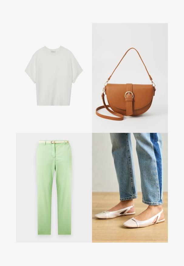 Biała koszulka z krótkim rękawem o szerokim dekolcie, wykonana z miękkiego materiału, z fakturowanym prążkowanym wzorem, charakteryzująca się luźnym krojem i minimalistycznym designem.; Jasnozielone bawełniane spodnie o prostym kroju, z plecionym beżowym paskiem, przednią kieszenią i bez widocznych wzorów czy ozdób.; Jasnoróżowe baleriny na odkrytej pięcie z wąskim noskiem, wykonane z gładkiego materiału imitującego skórę. Posiadają wycięcia po bokach oraz płaski obcas.; Brązowa skórzana torba na ramię o zaokrąglonym kształcie, ze złotymi akcentami i zapięciem w formie klamry. Posiada odpinany pasek na ramię.