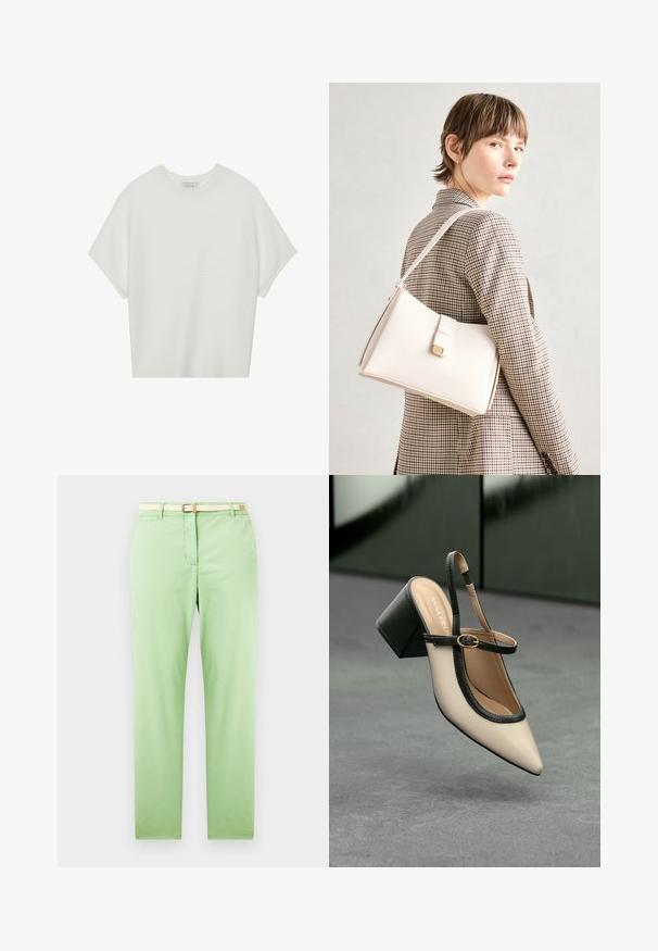 Fehér, rövid ujjú póló széles kerek nyakkivágással és textúrázott, bordás mintával, puha anyagból készült, laza fazonú és letisztult dizájnú.; Világoszöld, egyenes szabású pamut nadrág, szőtt bézs övvel, elülső zsebbe, látható minták vagy díszítések nélkül.; Beige, hegyes orrú, pántos cipő fekete díszítéssel, arany csattal és vastag blokk sarokkal, szürke padlón, sötétzöld háttér előtt.; Fehér bőr táska strukturált dizájnnal, mágneses záródással és vállpánttal, semleges háttér előtt bemutatva.