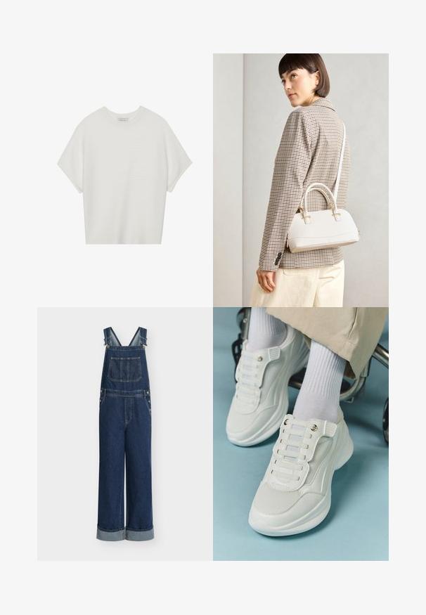 Vit kortärmad t-shirt med bred rund halsringning och texturerad ribbad mönster, tillverkad av mjukt material, med avslappnad passform och en ren design.; Jeanshängerock med vida ben, mörkblå färg, justerbara remmar, framficka och silverfärgade detaljer. Uppvikta fållar nederst.; Vita sneakers med nätmaterial, gummisula, snörningsfri design med elastiska band och guldfärgade detaljer.; Vitt strukturerat handväska med korta handtag och en axelrem, med gyllene detaljer och texturerat material, visad mot en grå bakgrund.