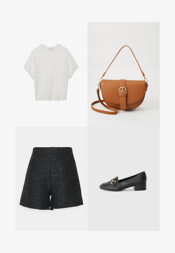 T-shirt blanc à manches courtes avec un large col rond et un motif côtelé texturé, fabriqué en tissu doux, présentant une coupe décontractée et un design épuré.; Shorts noirs en maille avec une finition texturée et un subtil éclat. Présentent une taille haute et une coupe A-line structurée.; Mocassins en cuir noir avec un talon plat, présentant un détail décoratif en métal doré à l'avant et une texture lisse.; Sac bandoulière en cuir marron avec une forme incurvée, quincaillerie dorée et un accent en boucle. Comprend une bandoulière détachable.