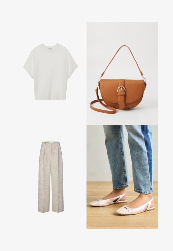 Hvit t-skjorte med korte ermer, bred rund hals og teksturert ribbet mønster, laget av myk stoff, med en avslappet passform og et enkelt design.; Lysegrå høyhalsbukser med teksturert stoff, vide ben og to frontfold. Har en frontknapplukking og beltestropper.; Lys rosa slingback leiligheter med spiss tå, laget av et glatt, læraktig materiale. Har utskjæringer på sidene og lav hæl.; Brun lærcrossbody-veske med en buet form, gullhardware og et spenneakcent. Har en avtakbar skulderreim.