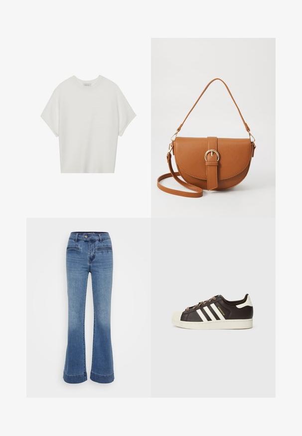 Valge lühikeste varrukatega T-särk laia ümaraha kaelusega ja tekstureeritud ribapatterniga, pehmest kangast, lõdva istuvuse ja puhta disainiga.; Keskmise sinise tooniga flared denim teksad kõrge vöökoha, eesmine taskute ja kontrastõmblustega. Kangas on pehme ja kergelt kulunud viimistlusega.; Madala Adidas Superstar toss tumepruunist nahast, kreemika kestkaare, valgete triipude ja küljele kantud "Superstar" tekstiga.; Pruun nahast õlakott, millel on kumer kuju, kullavärvi riistvara ja pandlaga kaunistus. Omab eemaldatavat õlarihma.