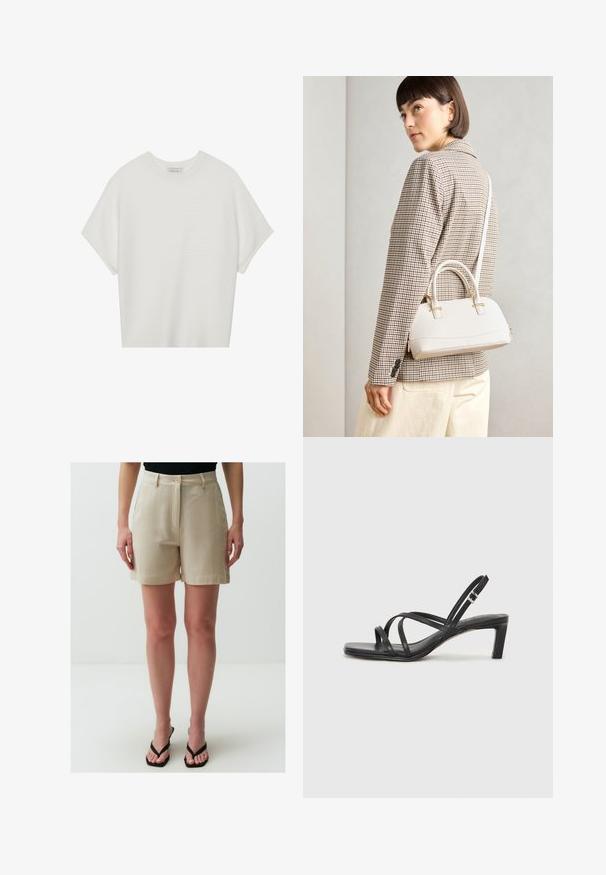 T-shirt blanc à manches courtes avec un large col rond et un motif côtelé texturé, fabriqué en tissu doux, présentant une coupe décontractée et un design épuré.; Jimmy Key HIGH WAIST WITH POCKETS - Short - stoned; Sandale noire à lanières avec un bout carré et un petit talon bloc. Elle présente plusieurs fines lanières et une sangle de cheville ajustable. Fabriquée en cuir lisse.; Sac à main structuré blanc avec de courtes poignées et une bandoulière, doté de accents en métal doré et d'un matériau texturé, présenté sur un fond gris.