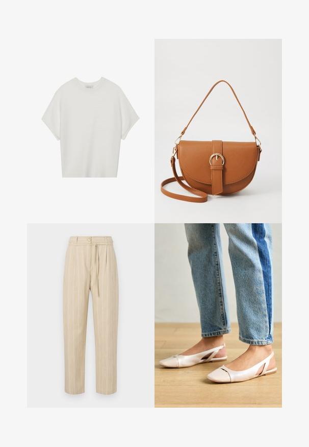 Tricou alb cu mânecă scurtă, cu guler larg și model texturat cu dungi, realizat dintr-un material moale, având o croială lejeră și un design curat.; Pantaloni bej cu dungi, cu o croială relaxată, având talie strânsă, închidere cu nasture și curea cu nod, confecționați dintr-un material ușor.; Sandalete plate de un roz pal cu vârf ascuțit, realizate dintr-un material asemănător pielii, neted. Prezintă detalii decupate pe laterale și un toc plat.; Geantă din piele maro, tip crossbody, cu o formă curbată, accesorii aurii și un accent cu cataramă. Dispune de un curea de umăr detașabilă.