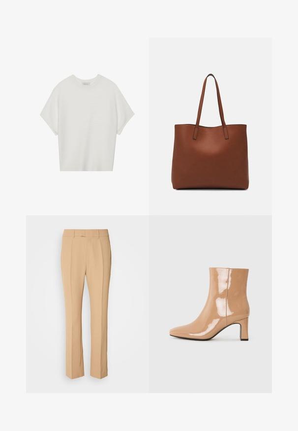 Tricou alb cu mânecă scurtă, cu guler larg și model texturat cu dungi, realizat dintr-un material moale, având o croială lejeră și un design curat.; Pantaloni bej, taisati, cu un croi drept, având două pliuri frontale, un design plat și un material neted, ușor.; Botine nude din patent cu vârful ascuțit, finisaj lucios și toc mediu bloc. Textură netedă și siluetă elegantă.; Geantă de umăr din piele maro cu o textură netedă, design cu vârf deschis și două curele pentru umăr. Prezintă cusături minime și fără componente metalice vizibile.