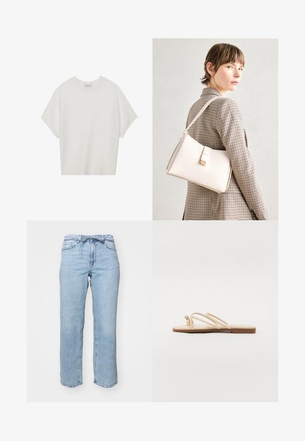 Tricou alb cu mânecă scurtă, cu guler larg și model texturat cu dungi, realizat dintr-un material moale, având o croială lejeră și un design curat.; Jeans din denim albastru deschis cu o croială relaxată, drept, cinci buzunare și un brâu cu bucle pentru curea. Finisaj uzat cu decolorare subtilă.; Sandale plate bej cu trei bretele subțiri și un mic accent auriu rotund. Material neted cu un design minimalist și o talpă bronz.; Geantă de mână din piele albă cu un design structurat, având o închidere magnetică și un breteau, expusă pe un fundal neutru.