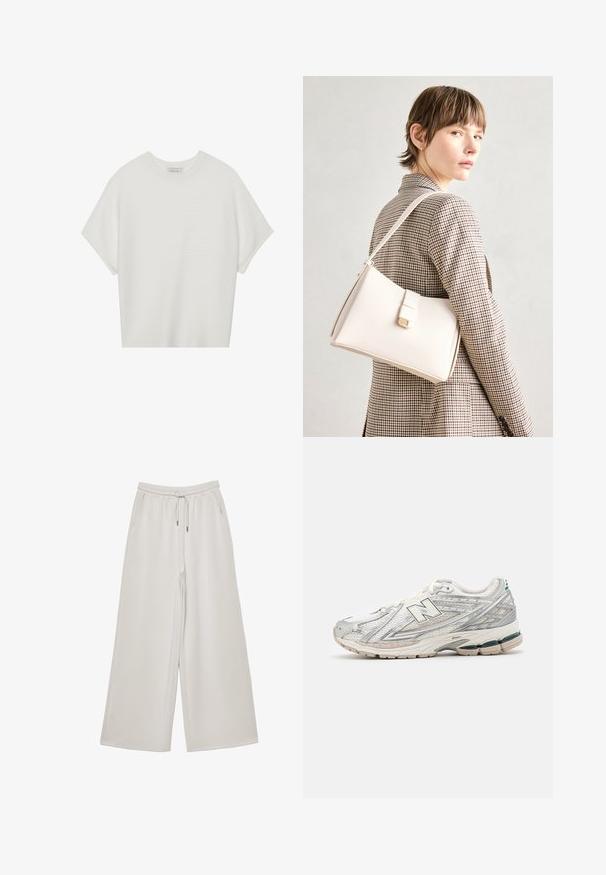 Bijela majica kratkih rukava s širokim okruglim izrezom i teksturiranim rebrastim uzorkom, izrađena od mekog materijala, s opuštenim krojem i čistim dizajnom.; Svijetlosive široke hlače napravljene od mekog materijala s elastičnim pojasom, podesivom vezicom i bočnim džepovima. Glatka tekstura cijelom površinom.; Tenisice za trčanje imaju srebrno-bijeli mrežasti gornji dio s zelenim akcentom. Potplat je debel i teksturiran, dizajniran za ublažavanje udaraca i podršku.; Bijela kožna torba s čvrstim dizajnom, s magnetskim kopčanjem i remenom za rame, prikazana na neutralnoj pozadini.