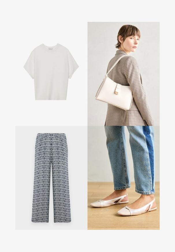 Hvit t-skjorte med korte ermer, bred rund hals og teksturert ribbet mønster, laget av myk stoff, med en avslappet passform og et enkelt design.; Trykte vide bukser med elastisk linning. Har et geometrisk mønster i marineblått og hvitt på et lett stoff.; Lys rosa slingback leiligheter med spiss tå, laget av et glatt, læraktig materiale. Har utskjæringer på sidene og lav hæl.; Hvit lær veske med en strukturert design, med magnetlås og skulderstropp, vist mot en nøytral bakgrunn.