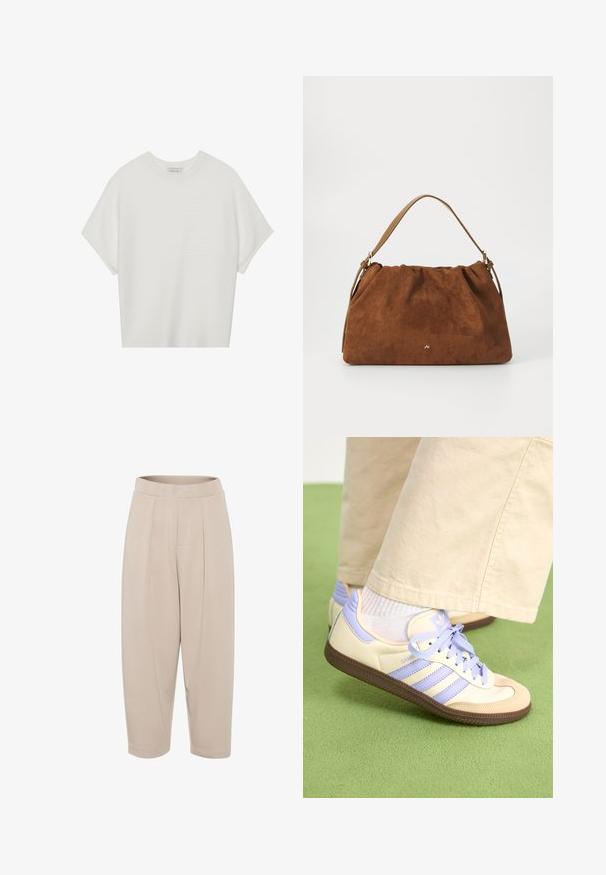 Bílý krátký rukáv tričko s širokým kulatým výstřihem a texturovaným žebrovaným vzorem, vyrobené z měkké látky, s uvolněným střihem a čistým designem.; Béžové, středně dlouhé kalhoty vyrobené z měkké látky. Mají široký pas, přední sklady a zúžené nohavice se zakulacenými spodními okraji.; Krémové a levandulové tenisky se třemi pruhy a texturovanou hnědou podrážkou, vybavené tkaničkami a polstrovanou patou. Měkký textilní svršek.; Hnědá semišová kabelka se skládáním, s jedním světlým koženým popruhem a decentním zlatým logem na přední straně.