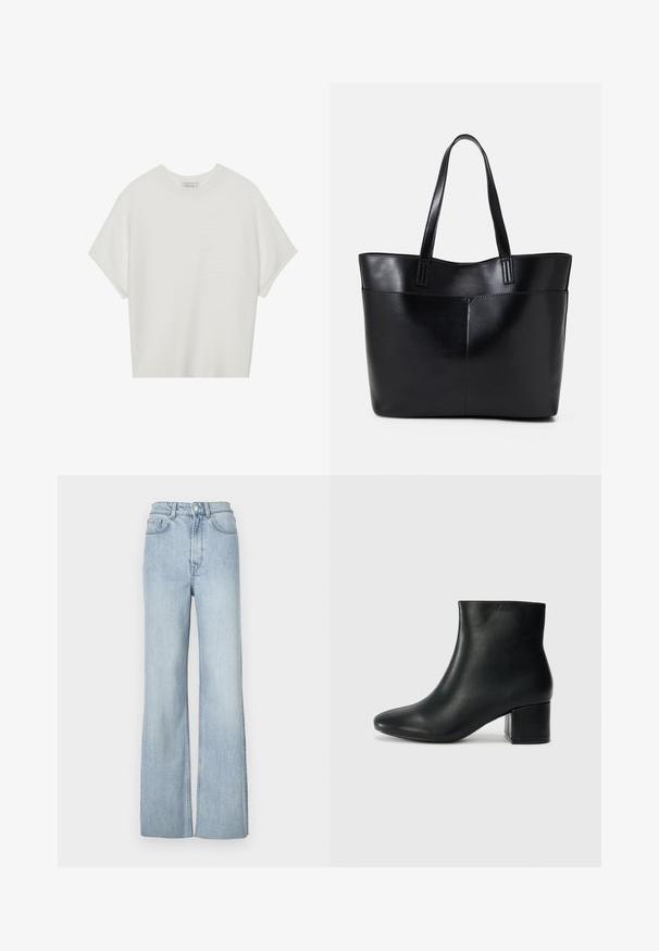 Bela majica s kratkimi rokavi in širokim ovratnikom ter teksturiranim rebrastim vzorcem, izdelana iz mehke tkanine, z udobnim krojem in čistim dizajnom.; Svijetloplave traper hlače s razvedenim nogavicama i visokim strukom, s prednjim džepovima i suptilnim detaljima šivanja duž nogu.; Črne usnjene gležnjarje s koničastim nosom in debelim peto. Gladka tekstura z minimalnimi detajli in eleganten, prilegajoč dizajn.; Črna usnjena torba z dvema dolgima ročajema, gladko teksturo in strukturirano obliko. Ima sprednji žep za dodatno shranjevanje.