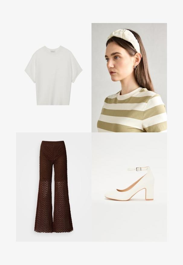 Bela majica s kratkimi rokavi in širokim ovratnikom ter teksturiranim rebrastim vzorcem, izdelana iz mehke tkanine, z udobnim krojem in čistim dizajnom.; Rjave kvačkanje hlače s širokimi nogami in čipkastim vzorcem, z teksturirano površino in zasnovo za sproščen fit.; Bela visoka petka z ostrim nosom, blok peto in trakom okoli gležnja. Gladka površina z diskretno sijajnostjo in bež podlogo.; Kremna ušesna traka s prepletenim dizajnom, uparjena s bež in belimi črtastimi majicami z okroglim izrezom. Diskretni nakit.