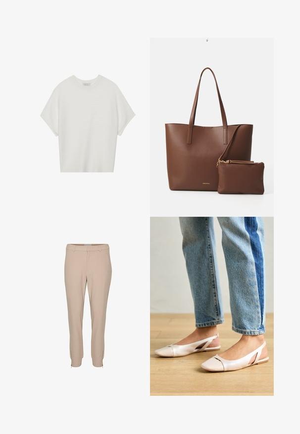 Balta īsā piedurknē T-krekls ar plašu apļa kaklu un teksturētu ribu rakstu, izgatavots no mīksta auduma, ar brīvu piegriezumu un tīru dizainu.; Beigi pielāgotie bikses ar šauru piegriezumu, ar sānu kabatām un rāvējslēdzēju akcents pie apakšas, izgatavotas no gludas, vieglas auduma.; Bālti rozā siksniņu dzīvokļi ar smailu purngalu, izgatavoti no gludas ādas līdzīgās materiāla. Iezīmē izgriezumu detaļas sānos un platu papēdi.; Brūns mākslīgās ādas somiņa ar divām garām rokturiem un atbilstošu mazu maciņu. Virsma ir ar strukturētu rakstu un zelta aksesuāriem.