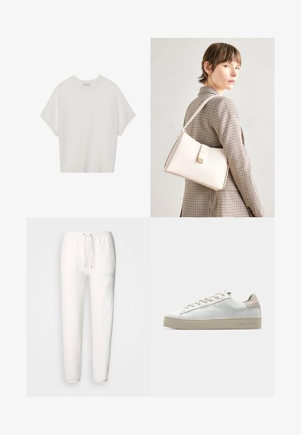 Weißes T-Shirt mit kurzen Ärmeln, weitem Rundhalsausschnitt und strukturiertem Rippenmuster, aus weichem Stoff, mit legerer Passform und einem klaren Design.; Weiße Sweatpants aus weichem Stoff, mit elastischem Bund und besticktem Logo auf dem linken Oberschenkel. Schmal zulaufendes Design.; Weiße Leder-Sneaker mit glatter Oberfläche, beigen Wildleder-Akzenten, runder Zehenpartie, flachem Schnürdesign und einer strukturierten Gummisohle.; Weiße Lederhandtasche mit strukturiertem Design, ausgestattet mit einem Magnetverschluss und einem Schulterriemen, präsentiert vor einem neutralen Hintergrund.