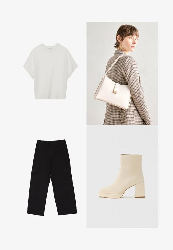 Witte T-shirt met korte mouwen, een brede ronde hals en een gestructureerd ribpatroon, gemaakt van zachte stof. Het shirt heeft een ontspannen pasvorm en een strakke uitstraling.; Dr.Denim Plus Cargobroek - black; Beige leren enkelboot met blokhak en plateauzool, gladde afwerking en licht vierkante neus, gericht naar links op een witte achtergrond.; Witte leren handtas met een gestructureerd ontwerp, voorzien van een magneetsluiting en een schouderriem, tentoongesteld tegen een neutrale achtergrond.