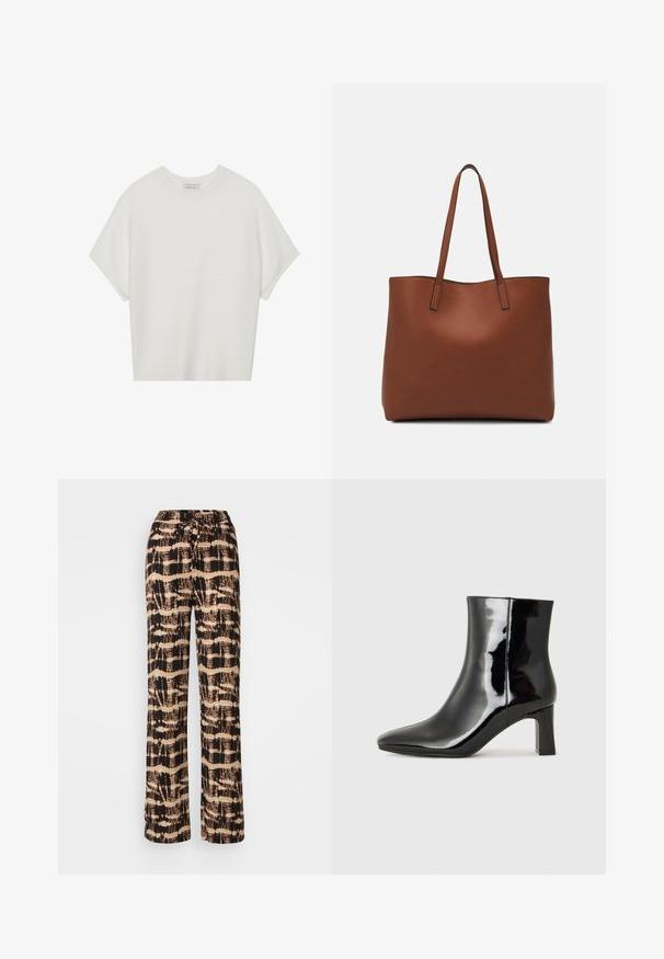 Bílý krátký rukáv tričko s širokým kulatým výstřihem a texturovaným žebrovaným vzorem, vyrobené z měkké látky, s uvolněným střihem a čistým designem.; Široké kalhoty z lehkého materiálu s černobílým abstraktním vzorem. Nastavitelný stahovací pas, volný střih.; Černé lakované kotníkové boty s špičatou špičkou a středně vysokým blokovým podpatkem. Hladká textura a minimalistický design.; Hnědá kožená taška přes rameno s hladkou texturou, otevřeným designem a dvěma ramenními popruhy. Obsahuje minimální švy a žádné viditelné kovové prvky.