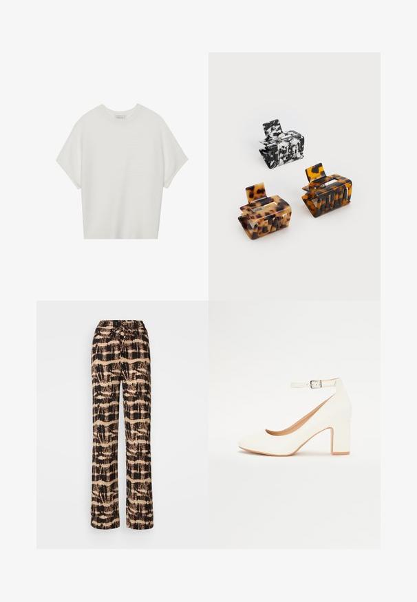 White short-sleeve t-shirt with a wide crew neck and textured ribbed pattern, made of soft fabric, featuring a relaxed fit and a clean design.; Wide-leg trousers in a lightweight fabric featuring a black and beige abstract pattern. Adjustable drawstring waistband, relaxed fit.; White high-heeled shoe with a pointed toe, block heel, and ankle strap. Smooth finish with a subtle shine and beige inner lining.; Three hair clips: one black and white marbled, two tortoiseshell in brown and black hues, all made of glossy plastic with a textured finish.