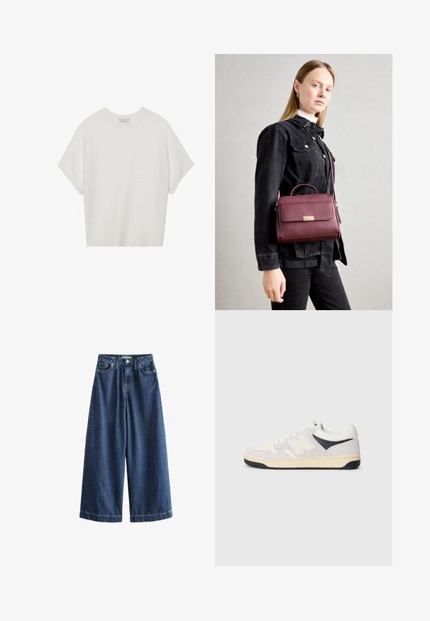 Witte T-shirt met korte mouwen, een brede ronde hals en een gestructureerd ribpatroon, gemaakt van zachte stof. Het shirt heeft een ontspannen pasvorm en een strakke uitstraling.; Brede denim trousers in donkerblauw. Gemaakt van stevig katoen, met een hoge taille, voorzakken en rechte, korte broekspijpen met zichtbare stiksels.; Sport sneaker in het wit, grijs en zwart. Kenmerkt zich door suède en textielmaterialen, geperforeerde neus en logo aan de zijkant. Rubberen zool.; Bordeaux leren handtas met gouden sluiting, gestructureerde vorm, bovenhandvat en verstelbare schouderband. Model draagt een spijkerjack.